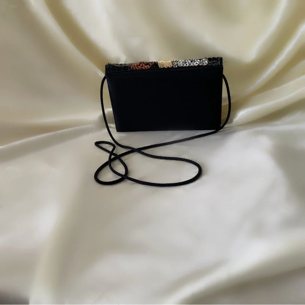 Vintage sequin bow clutch purse bag formal black gold Carla Marchi